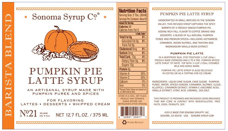 12.7 oz Sonoma Syrup Pumpkin Pie Latte Syrup