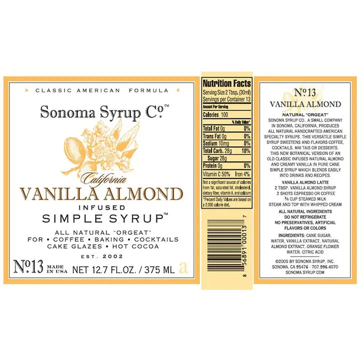 12.7 oz Sonoma Syrup Vanilla Almond Syrup