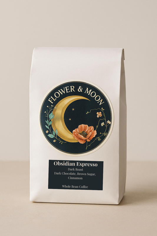 Flower and Moon decaf coffee bag - Obsidian Espresso dark roast